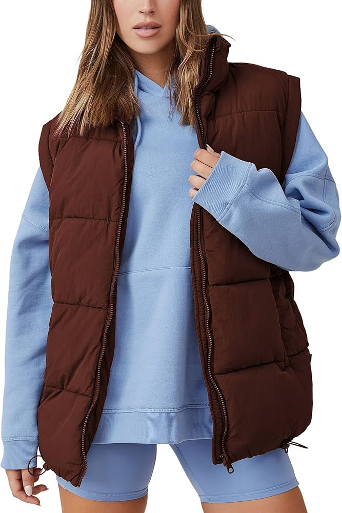 Freyhem Women's Puffer Vest Mid-Length Drawstring Zip Up Sleeveless Puffy Padded Gilet | Amazon (US)