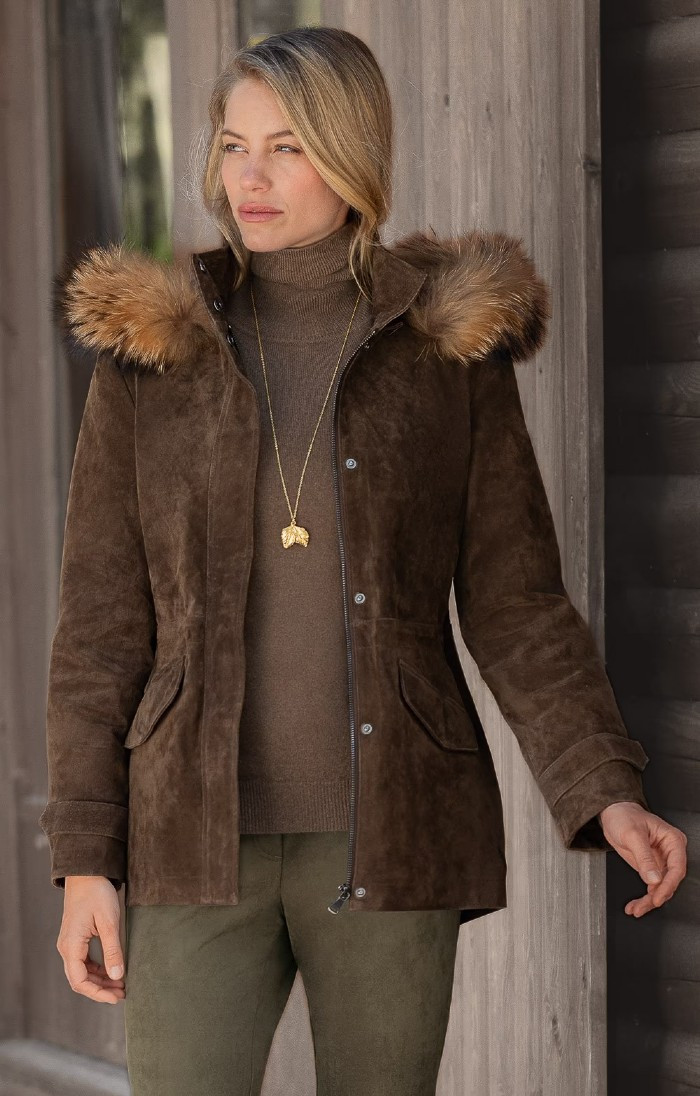 Ladies Fur Trim Suede Parka | The House of Bruar
