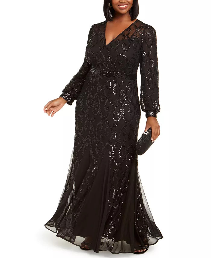 R & M Richards Plus Size Surplice Sequined Gown - Macy's | Macy's