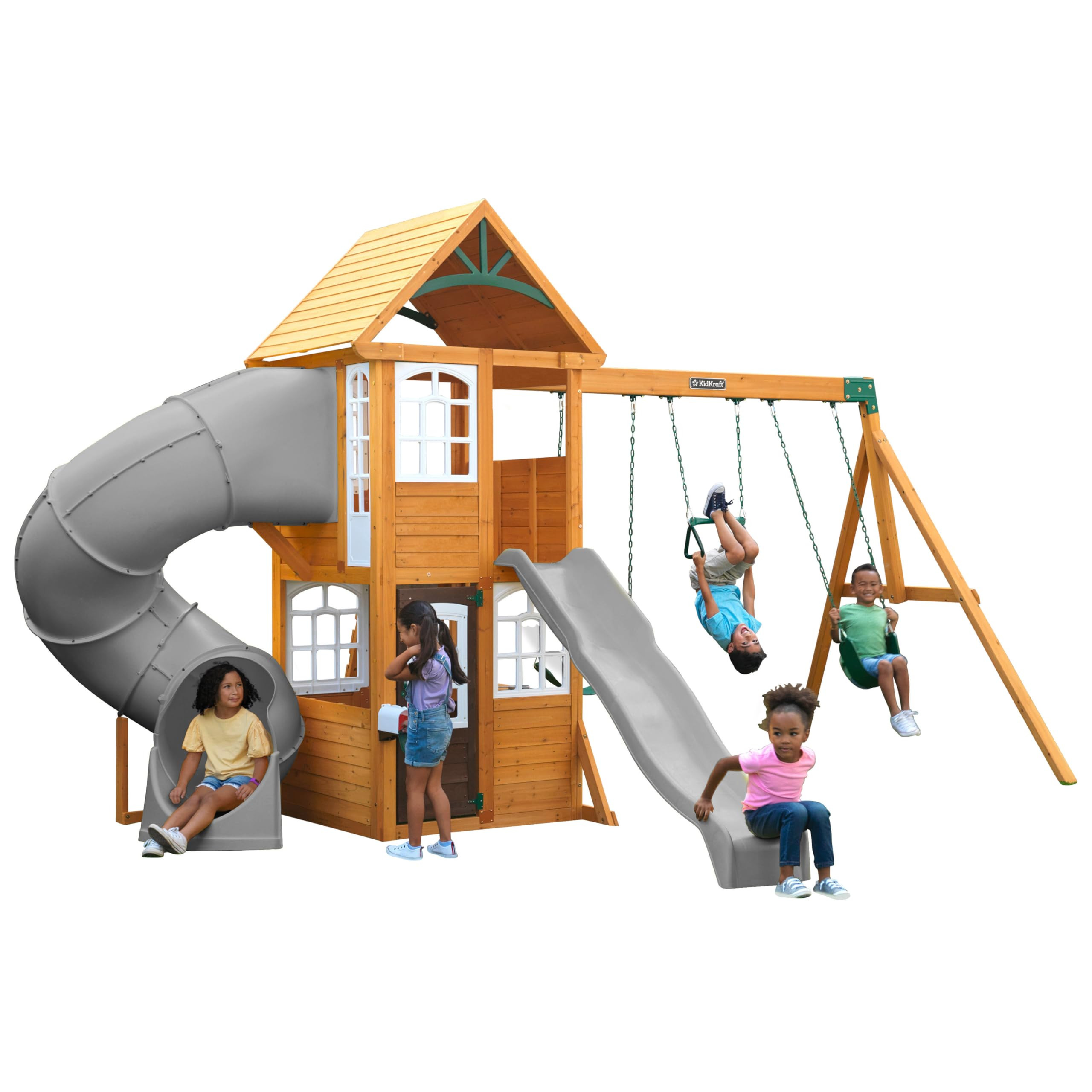 KidKraft Sterling Falls Wooden Swing Set/Playset with Clubhouse, Mailbox, Slide and Play Kitchen | Amazon (US)