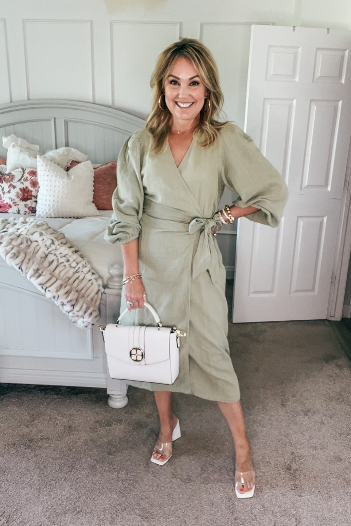 Sage green Wrap Dress wearing size M. 
White/clear heels
White satchel  

#LTKunder50 #LTKFind #LTKstyletip