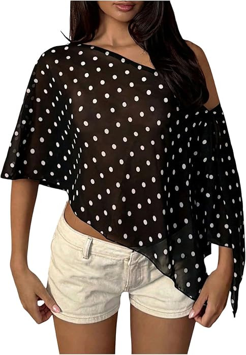 Verdusa Women's Polka Dots Poncho Top Asymmetrical Off The Shoulder T Shirt Spring Outfits | Amazon (US)
