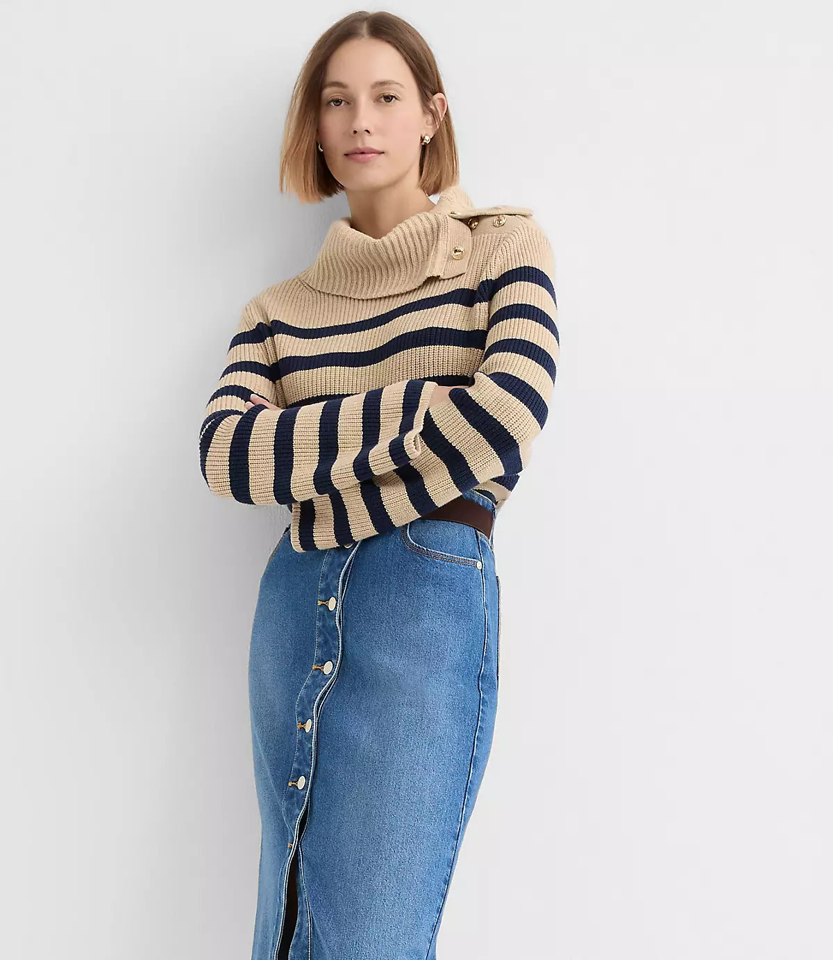 Stripe Button Neck Flare Sleeve Sweater | LOFT