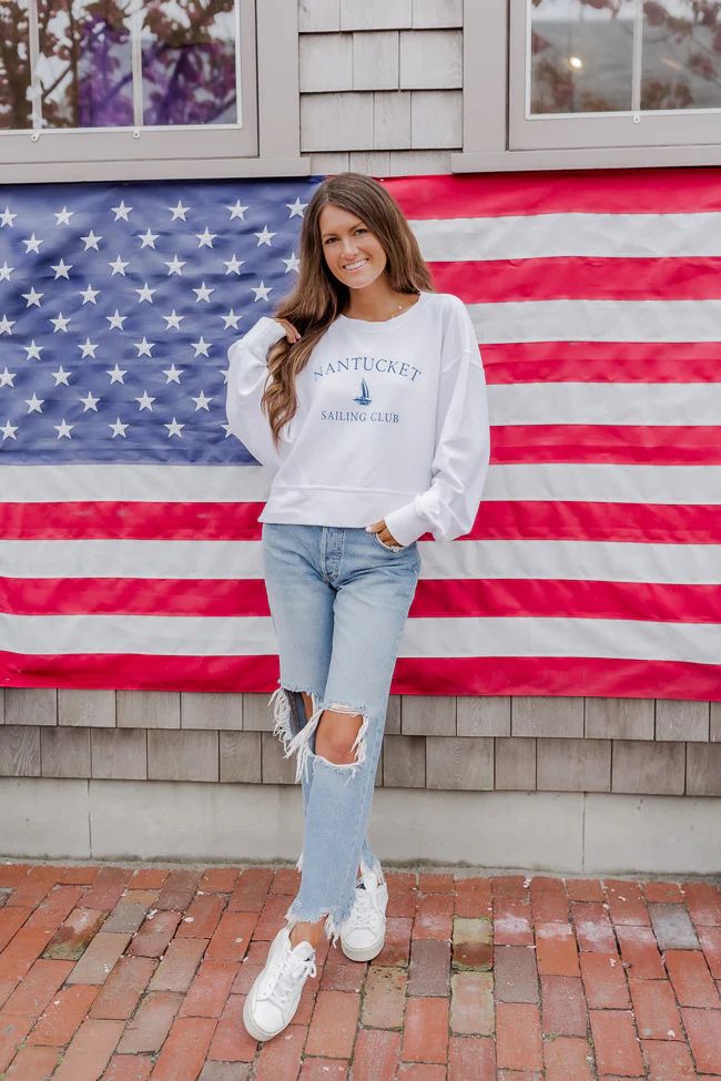 Nantucket White Cropped Corded Graphic Sweatshirt | Pink Lily