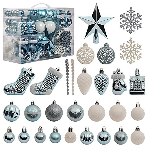 Christmas Tree Ornaments Set, 132 Pack Christmas Ornaments Decorations for Christmas Tree Blue White Christmas Ball Ornaments Shatterproof Hanging Xmas Tree Baubles for Home Party Holiday Decor | Amazon (US)