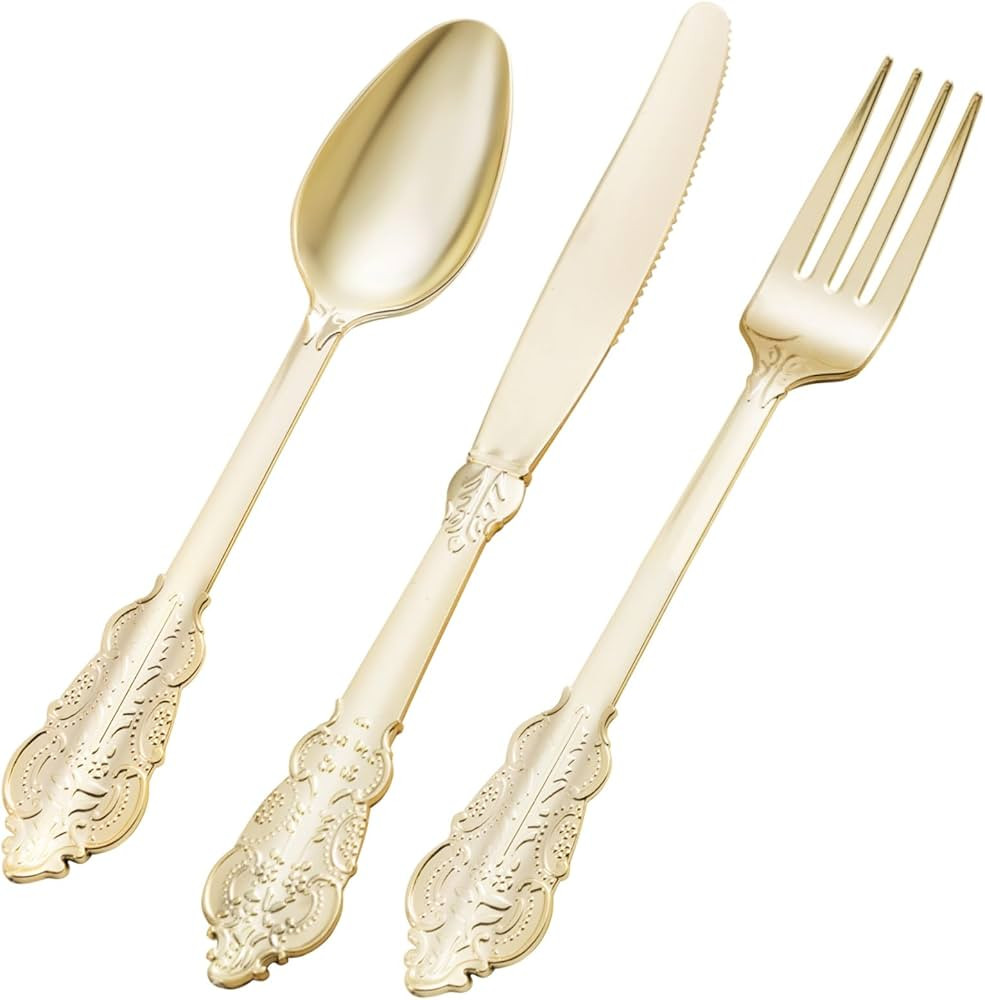 75PCS Gold Plastic Silverware for 25 Guests, Heavy Duty Gold Disposable Utensils Sets, Includes 25 Forks, 25 Spoons, 25 Knives, Elegant Cutlery Perfect for Wedding, Party | Amazon (US)