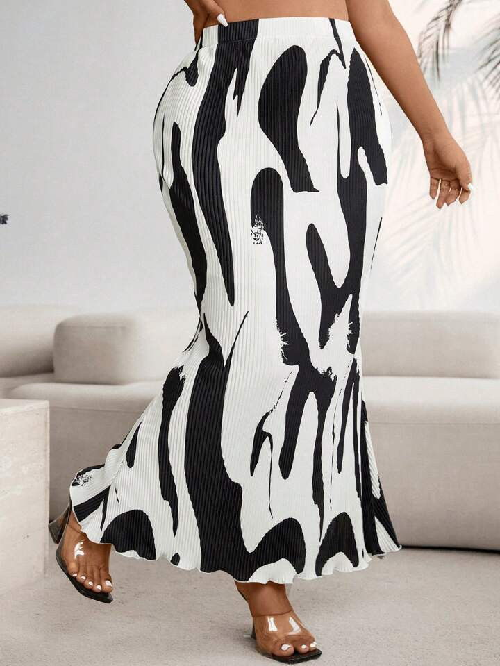 SHEIN Privé Plus Size Women's Geometric Print Elastic Waist Fish-Tail Long Skirt | SHEIN