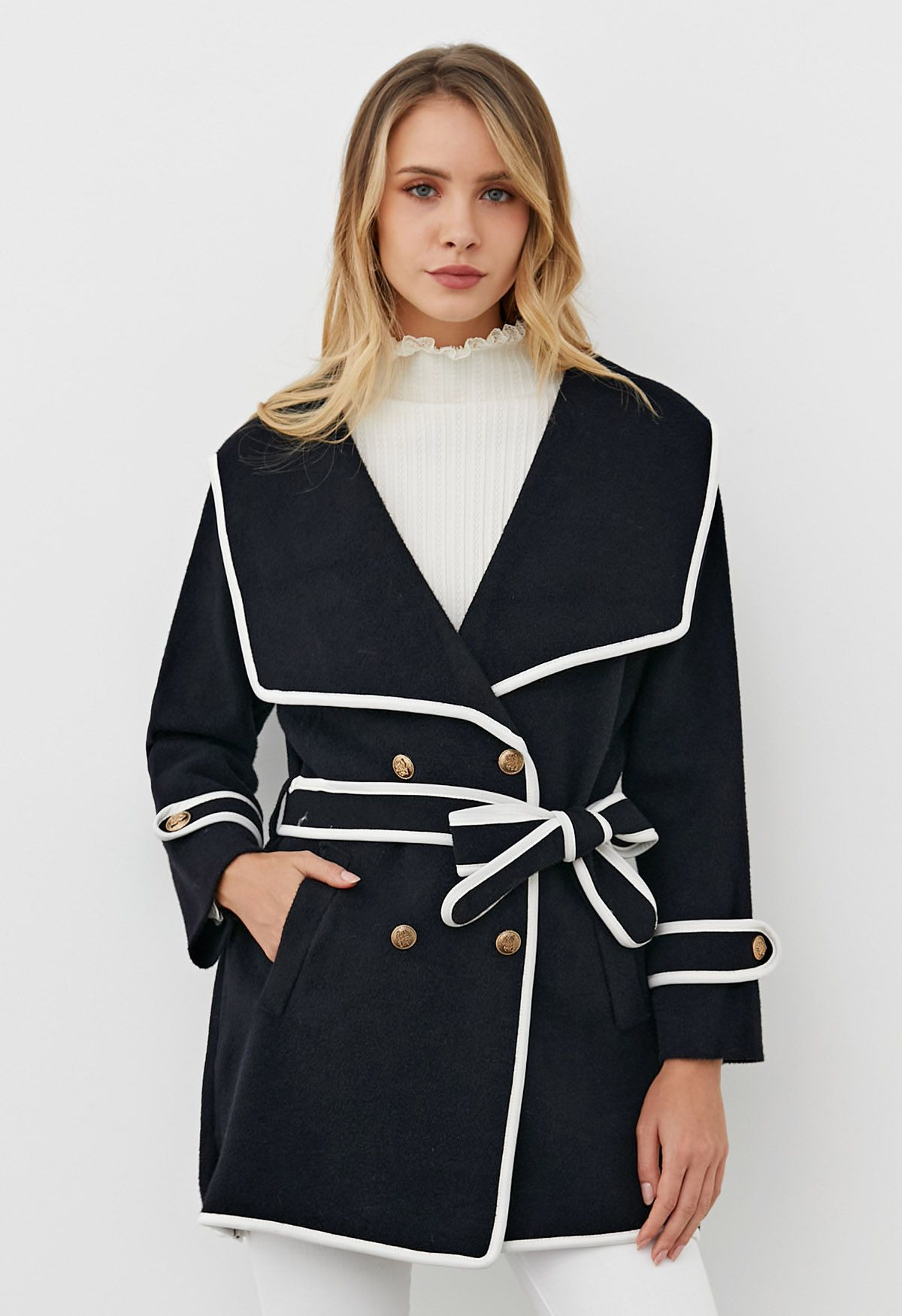 Contrast Edge Wide Lapel Knit Coat | Chicwish