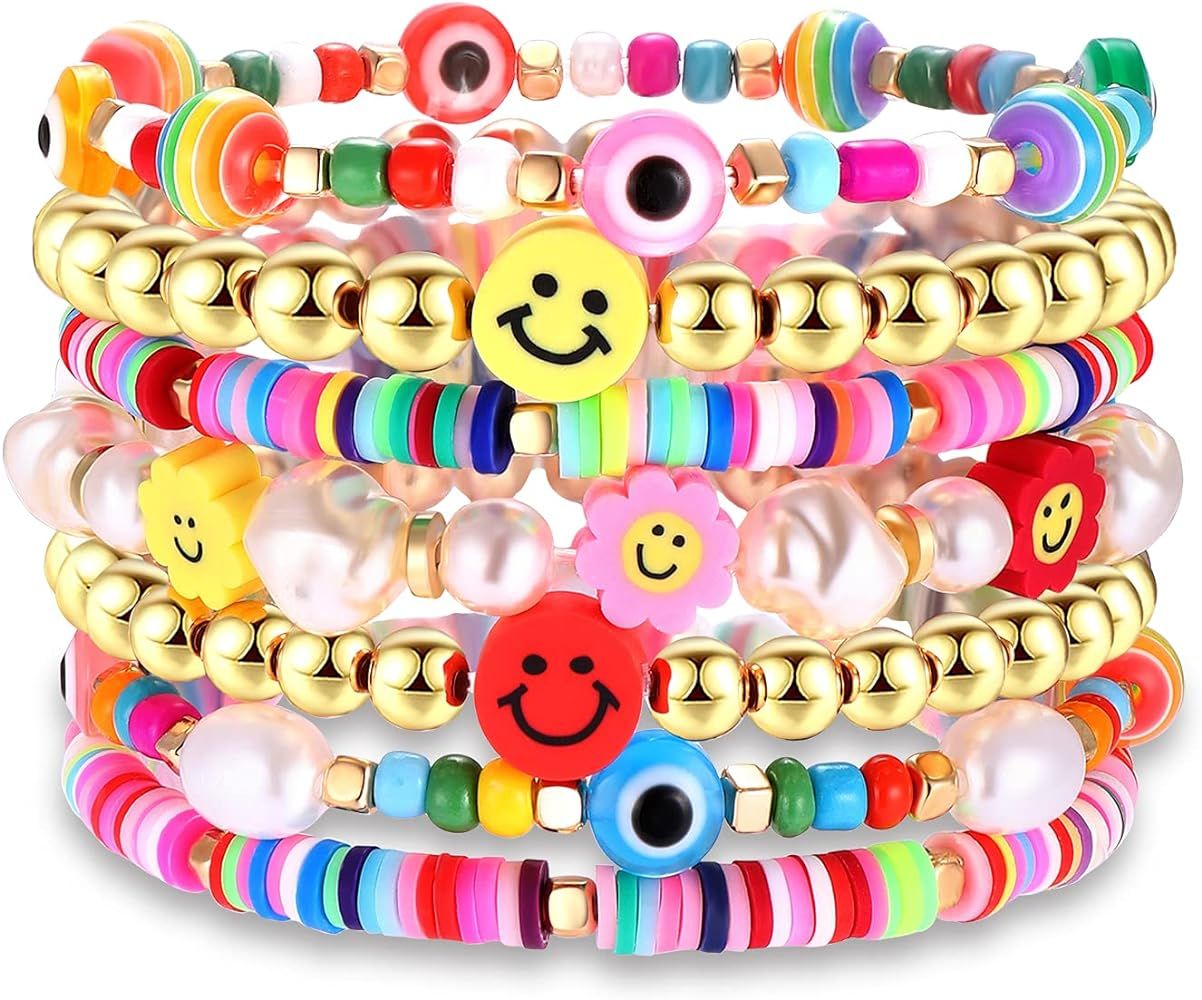 Beaded Stretch Bracelets for Women Rainbow Heishi Bracelet Set Colorful Clay Flower Happy Face Evil  | Amazon (US)
