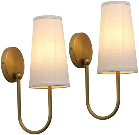 Pathson Set of 2 Linen Fabric Wall Sconces, Hardwired Curved Arm Bathroom Vanity Light with Cone ... | Amazon (US)