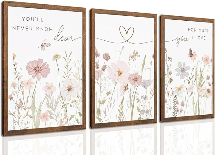 Rustic Floral Wall Art Set of 3, Watercolor Wildflower Prints with Heart Line and Inspirational Q... | Amazon (US)