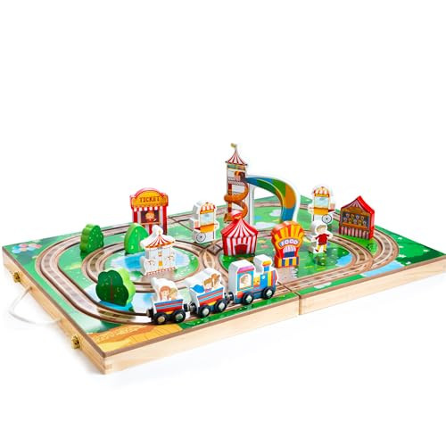 JUSTWOOD Take-Along Train Track Set with 2-in-1 Storage Box, Wooden Train Set for Toddlers 2-4, Railroad Train Toy with Magnetic Train Cars, Theme Park Adventure | Amazon (US)