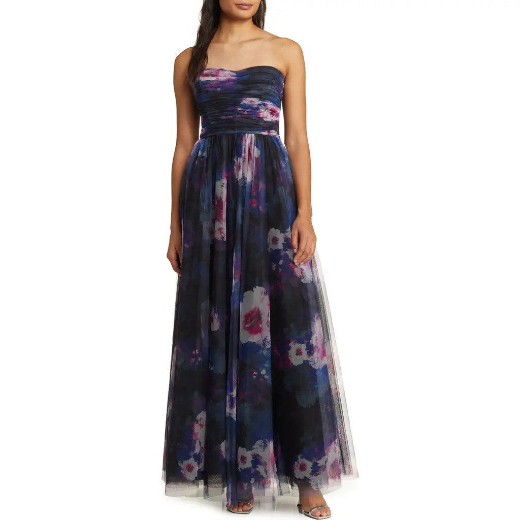 ML Monique Lhuillier Nataly Strapless Tulle Gown in Midnight Orchid at Nordstrom, Size 14 | Nordstrom