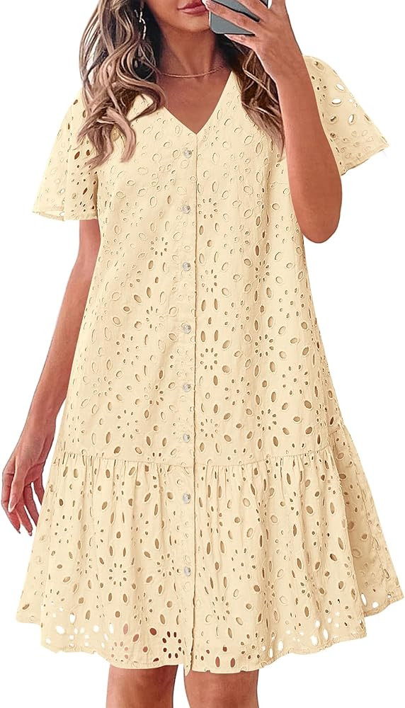 KIRUNDO Summer Dresses for Women 2025 Button Down V Neck Short Sleeve Hollow Out Lace A Line Casu... | Amazon (US)