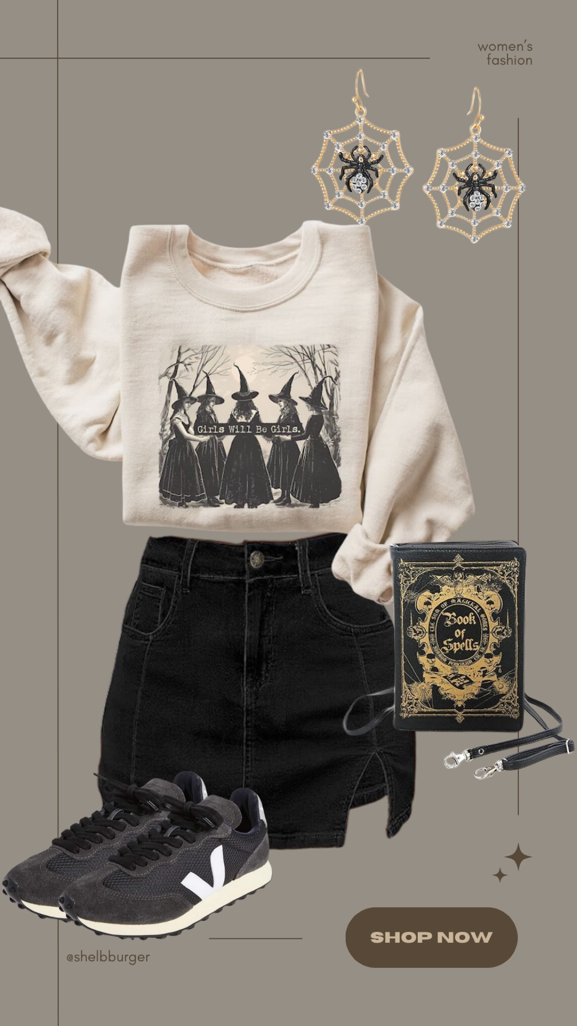 Halloween Horror Nights outfit HHN

witches crewneck sweatshirt 
Black denim skirt
Spider spiderwebs earrings 
Book of spells handbag crossbody purse
Women’s sneakers

#LTKTravel #LTKStyleTip #LTKSeasonal