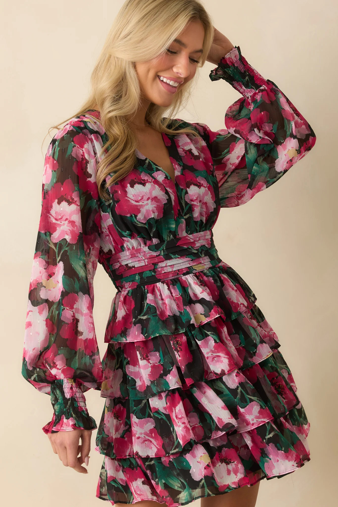 Let's Be Real Pink Floral Print Chiffon Tiered Mini Dress | Red Dress