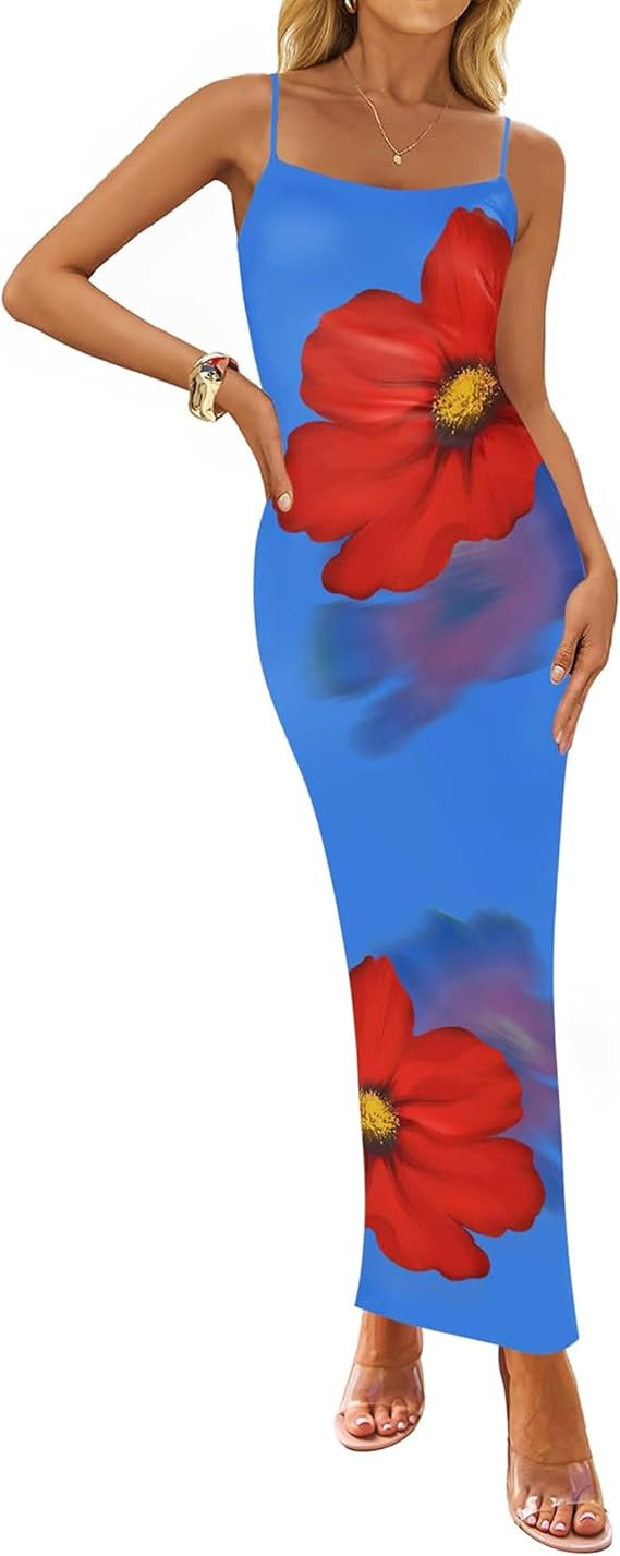 ZESICA Women’s Summer Bodycon Maxi Dresses 2025 Floral Spaghetti Strap Square Neck Sleeveless B... | Amazon (US)