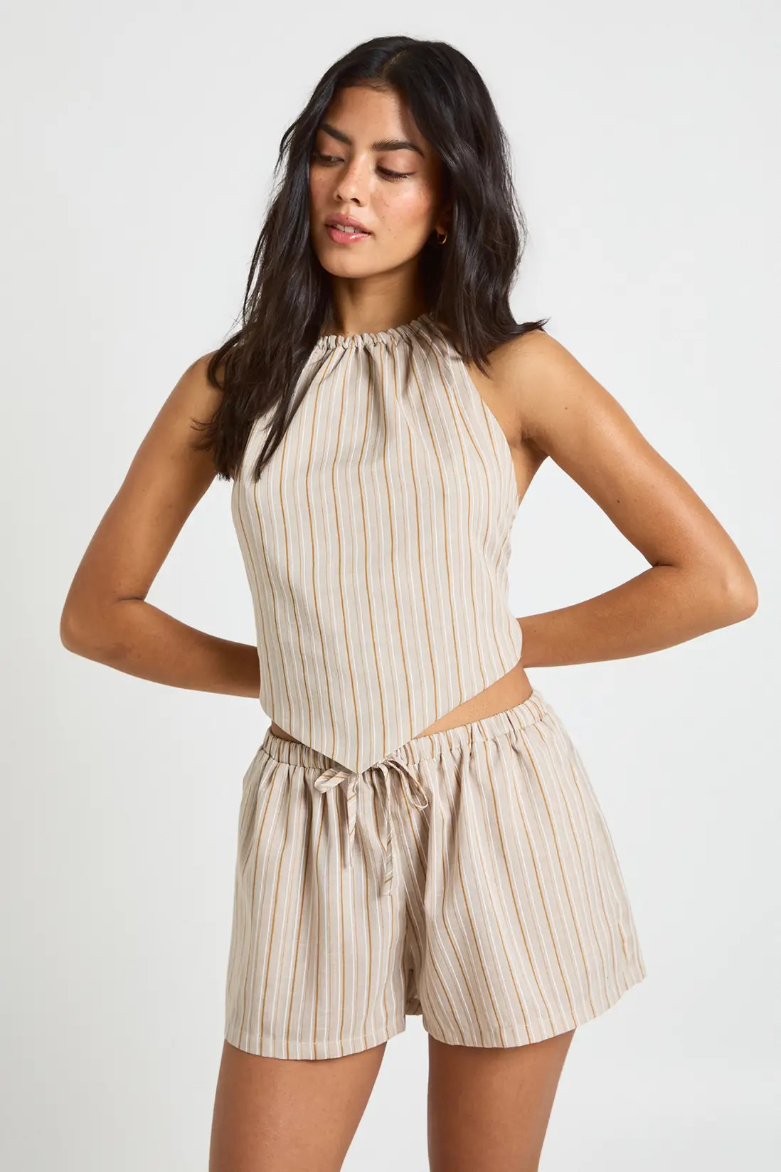 Stone Drawstring Waist Linen Look Short | Boohoo | Boohoo.com (UK & IE)