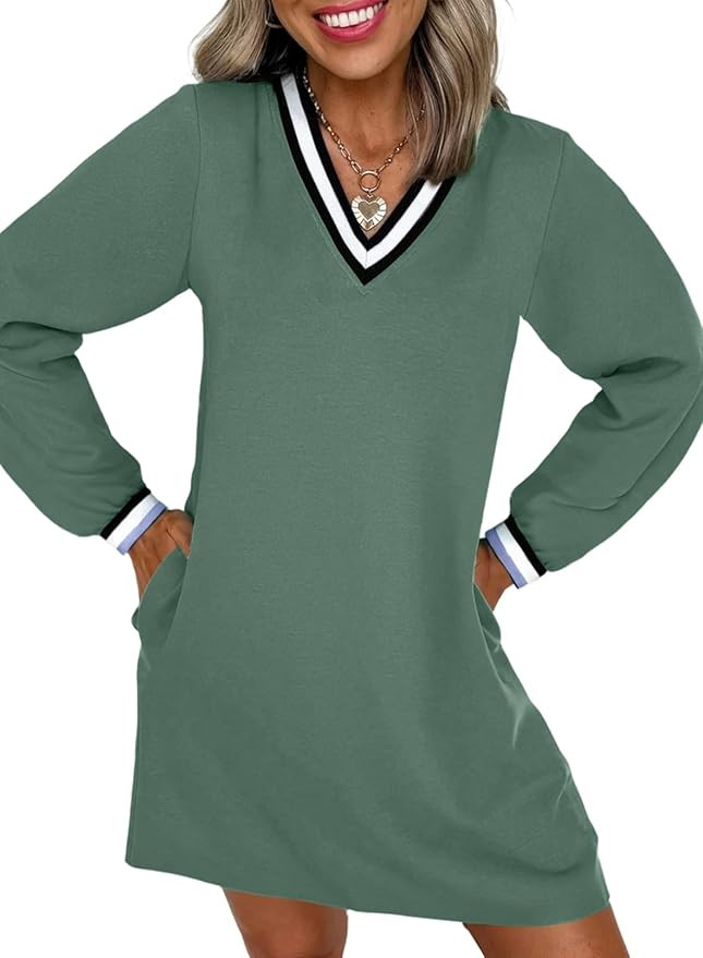 EVALESS Womens Dresses 2026 Spring Fall V Neck Long Sleeve Casual Tshirt Dress Contrast Striped S... | Amazon (US)