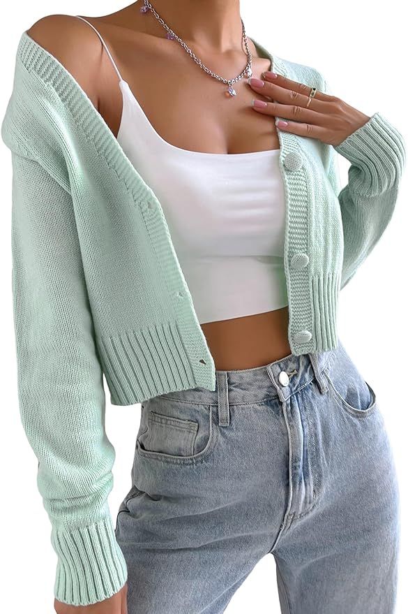 Verdusa Women's Button Front Long Sleeve Knitted Crop Cardigan Sweater | Amazon (US)