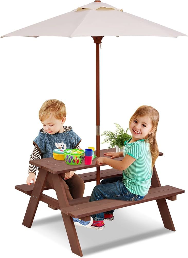 Olakids Kids Picnic Table, Outdoor Toddler Wooden Table and Chair Set with Removable Umbrella, Ch... | Amazon (US)