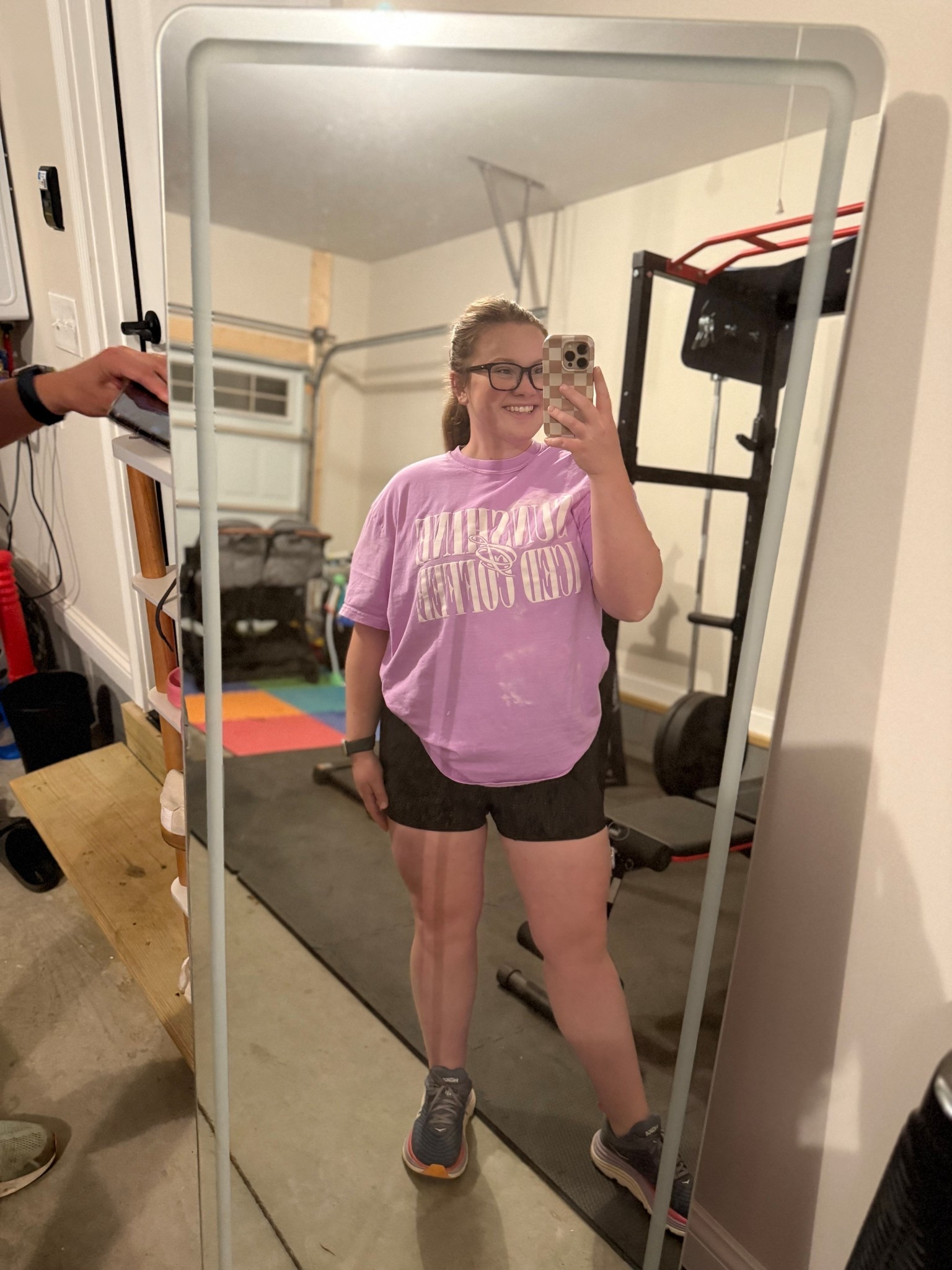 Oversized tee and biker shorts for today’s workout 🤎