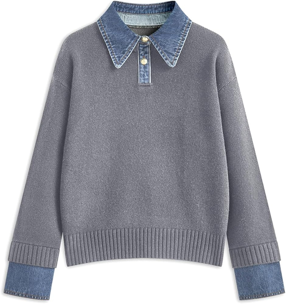 Womens Fall Oversized Long Sleeve Sweaters 2 in 1 Denim Panel Lapel Sweater Polo Knit Sweater Top... | Amazon (US)