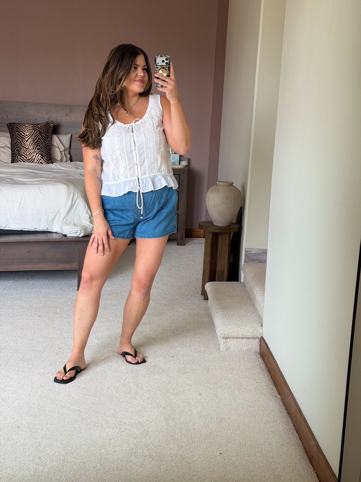 Thick tummy approved spring outfit and summer outfit with white shorts. Look like denim but are super comfortable. I am size 12/size 14 and wearing size large. 

Midsize, Mom outfit

