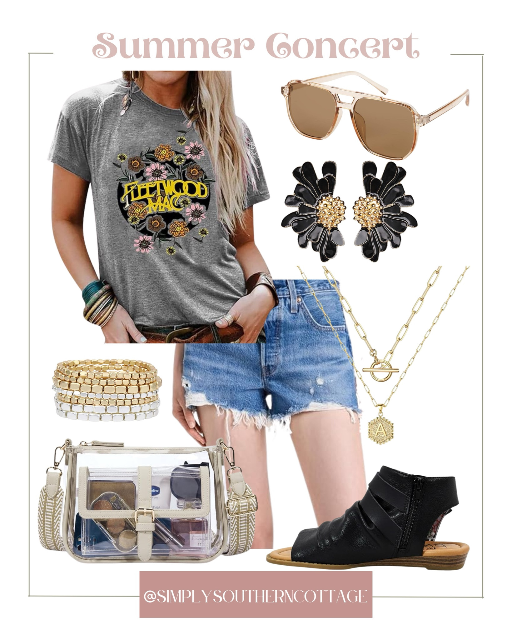 Concert outfit, Summer concert outfit, fashion over 40, concert tee, denim shorts, clear bag, blowfish sandals 

#LTKStyleTip #LTKSeasonal #LTKOver40
