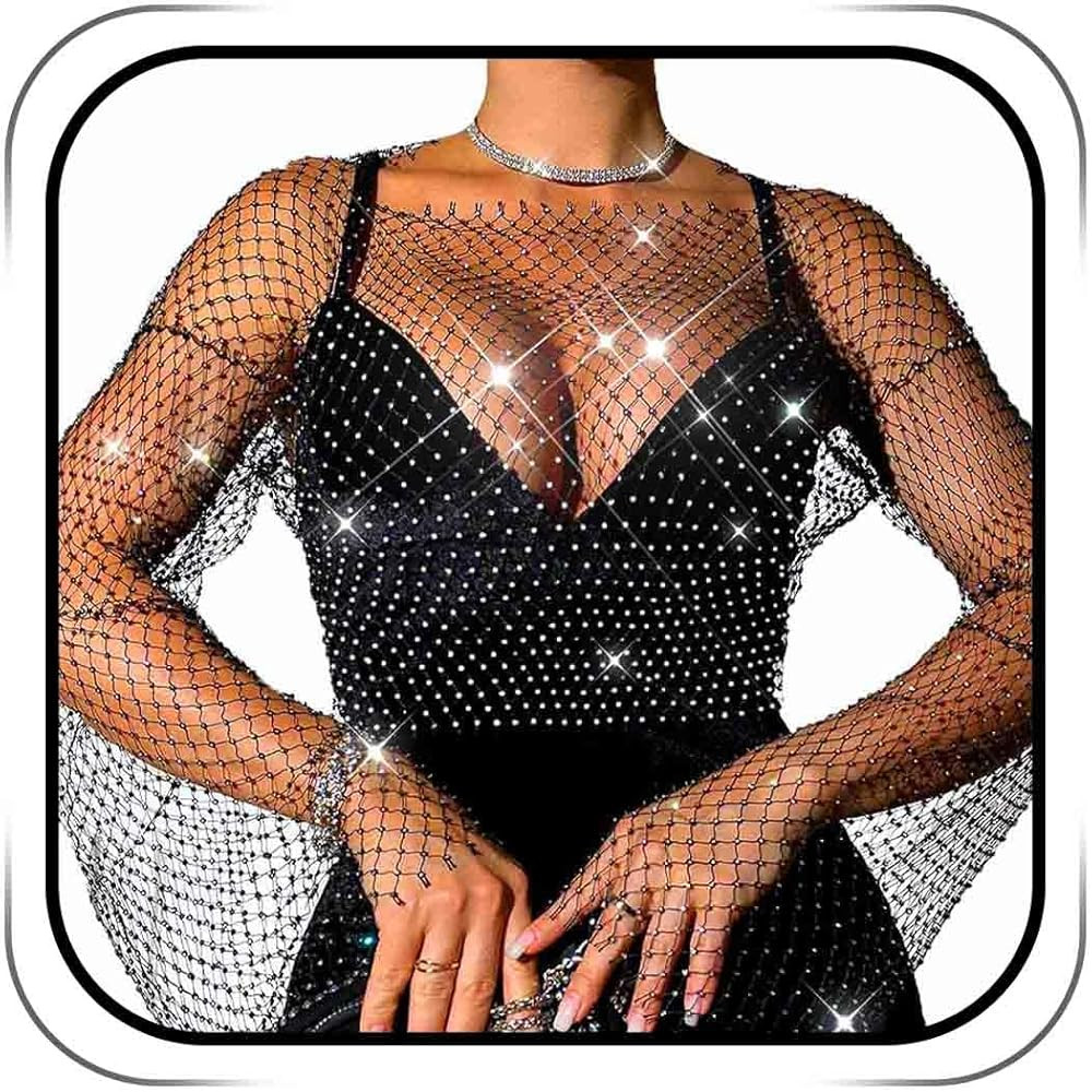 Fstrend Rhinestone Mesh Top Fishnet Tops Black Sparkly See Through Rave Shirt For Women | Amazon (US)