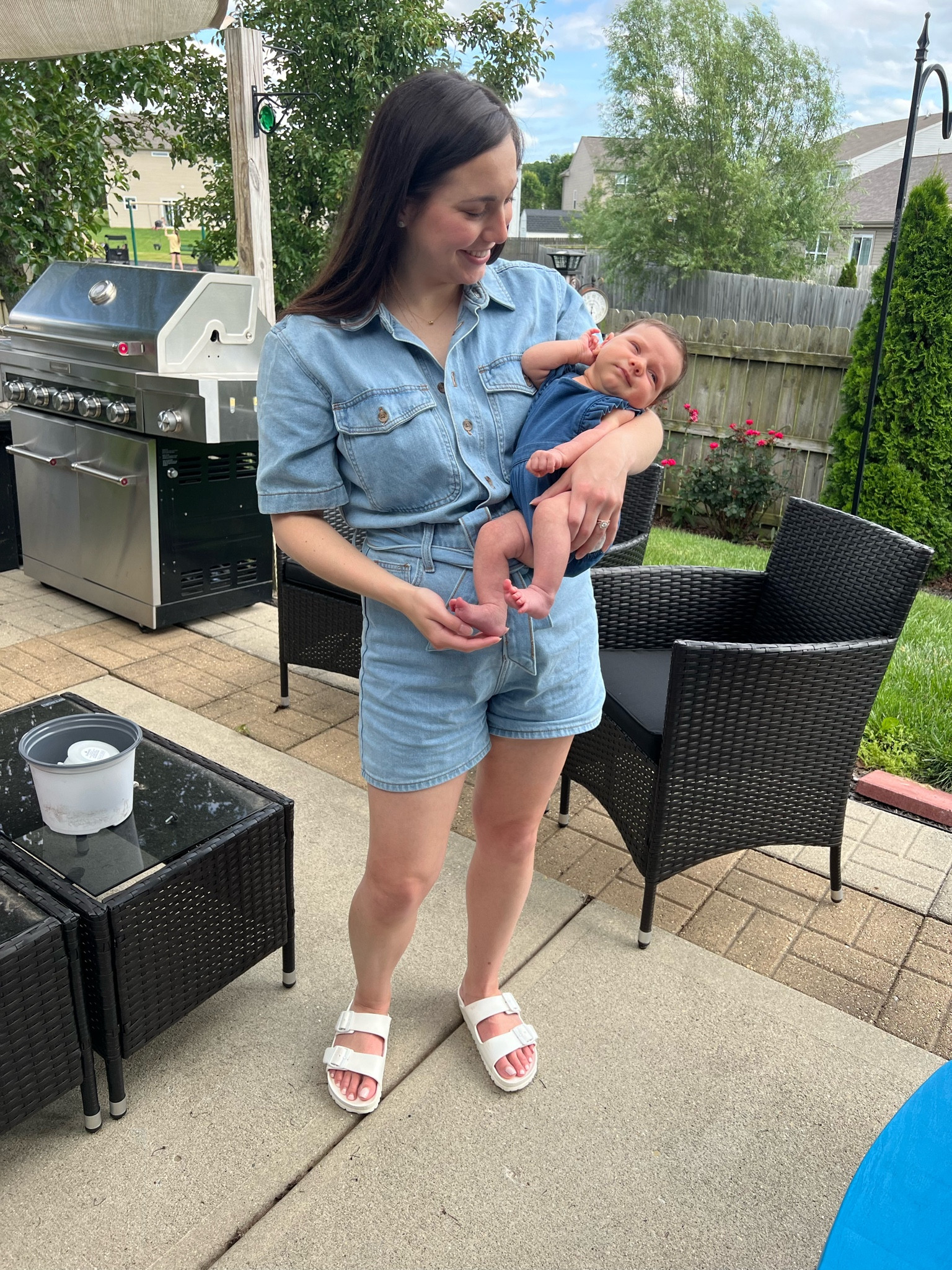 Just use girls in our denim rompers. 😍 Nora is in newborn, probably the only time she’ll get to wear this. 😔 I’m wearing a size 6. Love the material on both! Very soft & comfortable. Mine is also nursing friendly. 🙌🏻

#LTKBaby #LTKFamily #LTKOver40