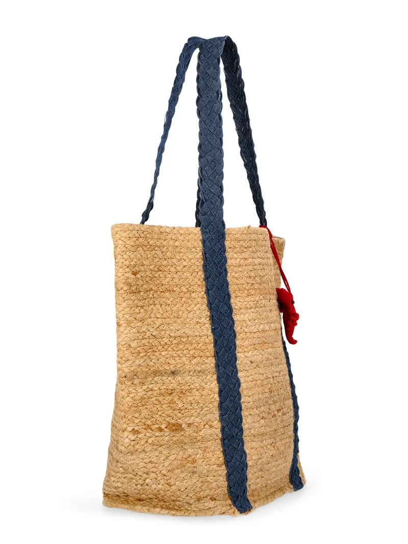 No Boundaries Women's Beach Icons Jute Tote Bag, Natural with Blue Denim | Walmart (US)