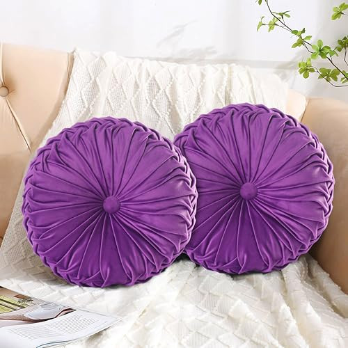 HIG Set of 2 Decorative Round Pleated Throw Pillows, Classy Accent Pumpkin Throw Pillows with Center Button, Vintage Velvet Floor Pillows for Sofa Vanity Chair Bed, Purple, 14.5" Diameter(Ripple) | Amazon (US)