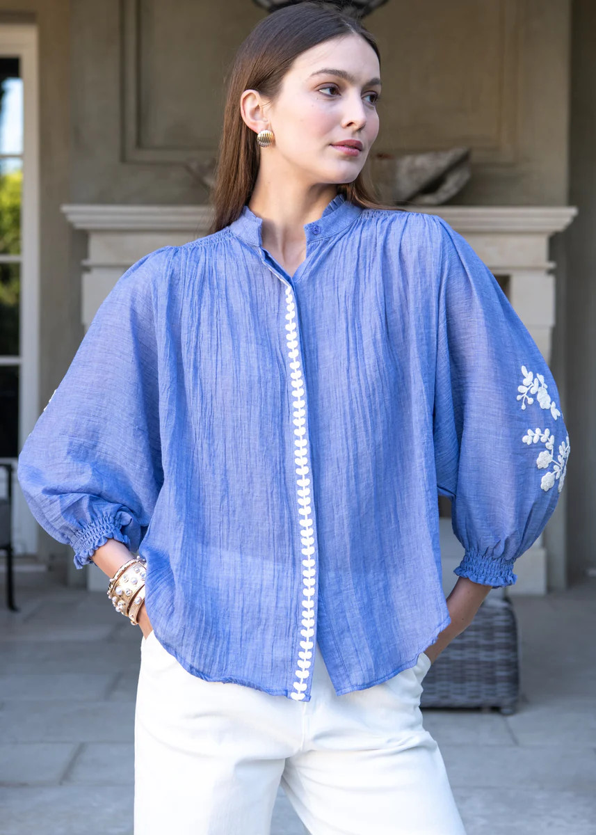 Marjorie Mock Neck Long sleeve Top with Embroidery - Blue | Benaar La