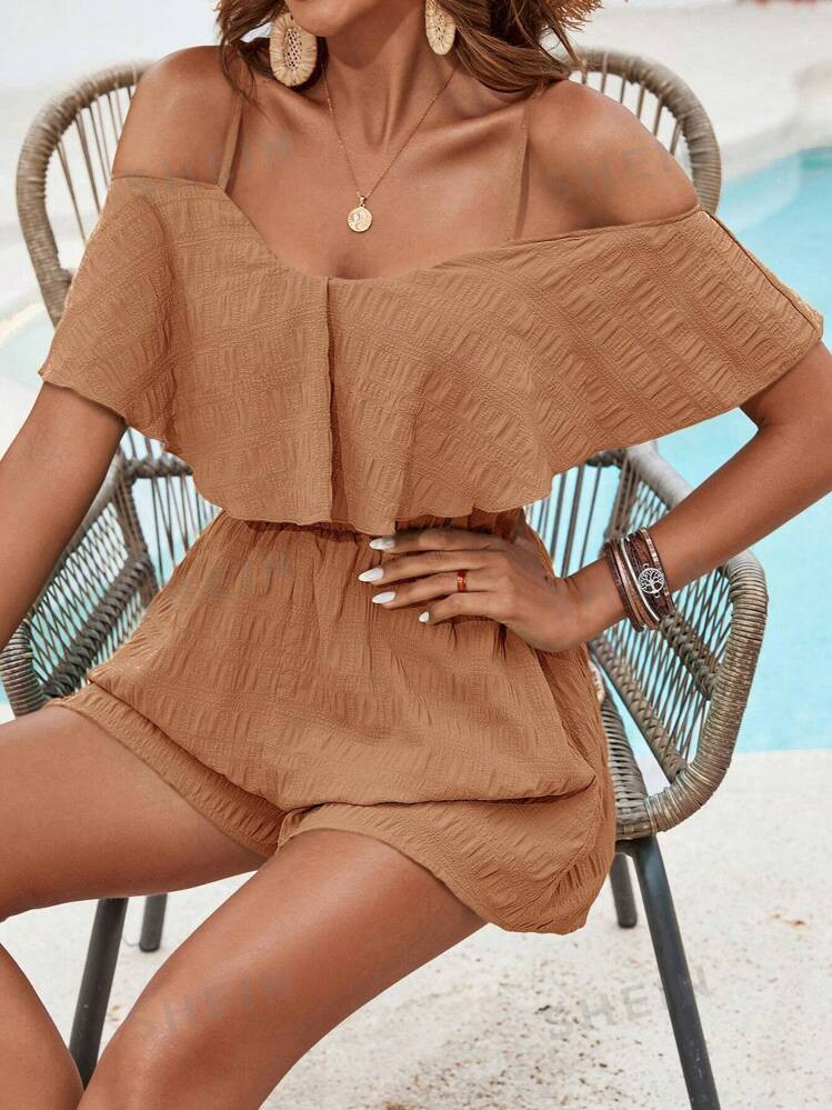 SHEIN VCAY Vacation-Style Textured Fabric Cold Shoulder Women's Romper | SHEIN USA | SHEIN