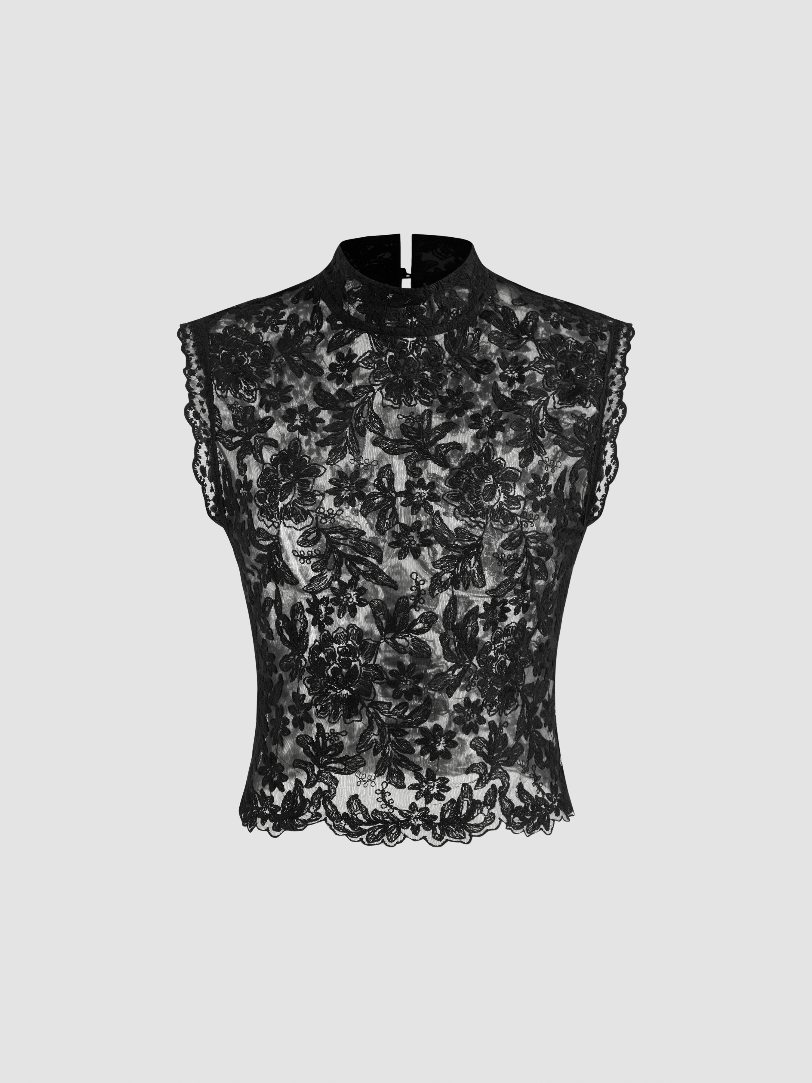 City Chic Lace Lace Mandarin Collar Floral See-through Tank Top For Daily Casual | Cider