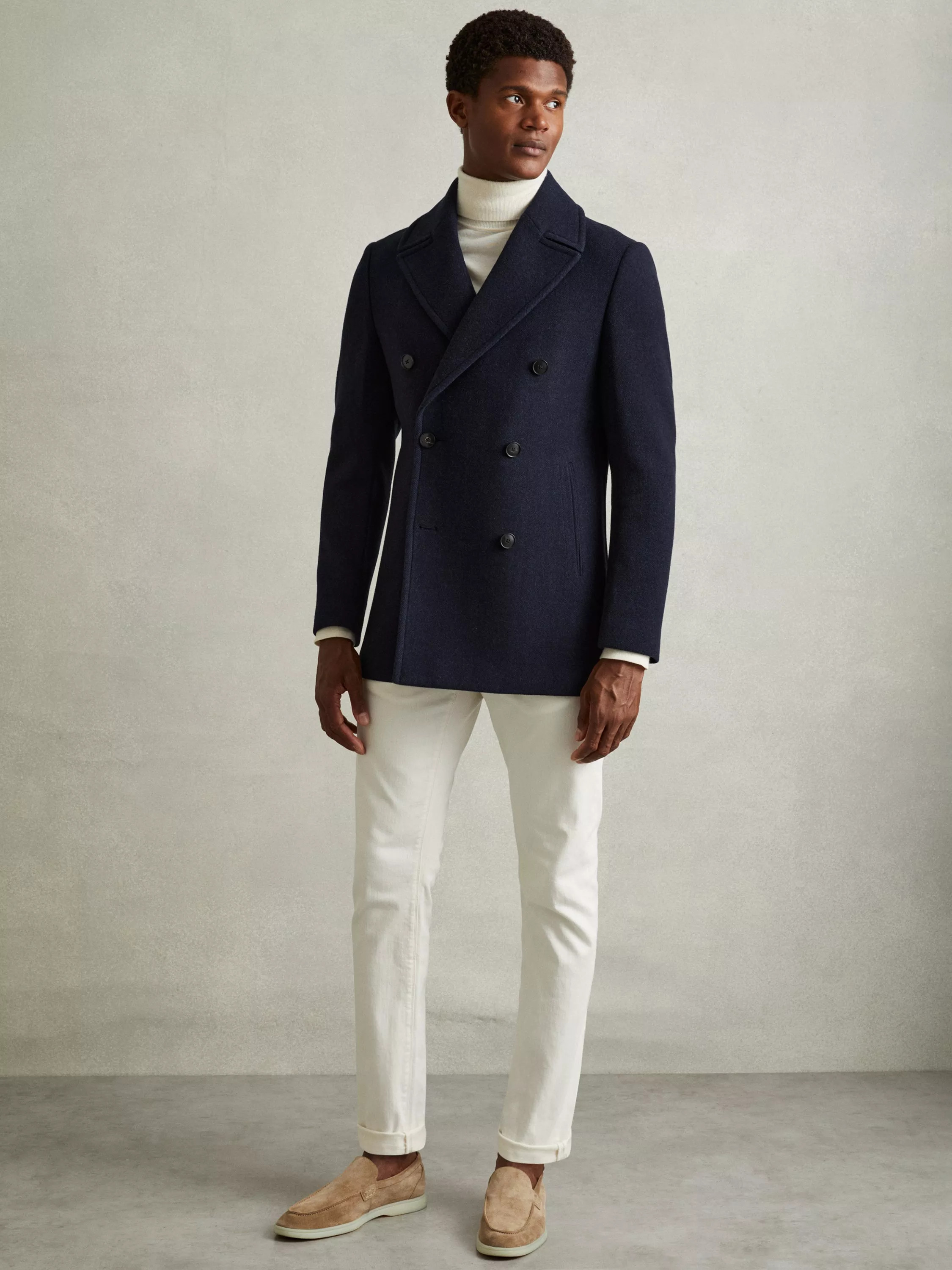 Reiss Bergamo Wool Blend Double Breasted Coat, Navy Herringbone | John Lewis (UK)