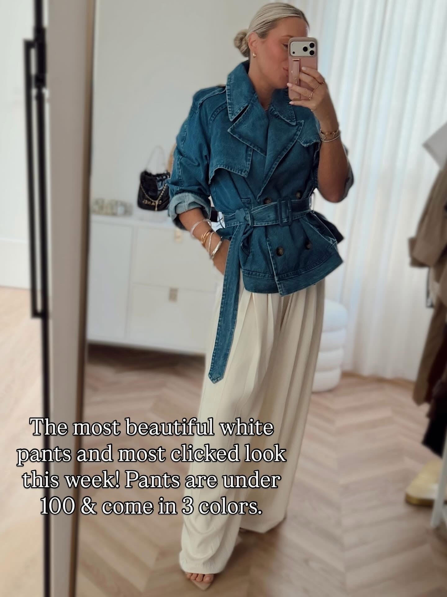 Obsessed with this outfit🤍🔥. The silhouette of these pants is so flattering and they’re under $90. They come in three colors and are such a good elevated everyday piece. I’m wearing a medium in the pants and S/M in the denim blazer jacket.
Think showers, graduations, brunch, date night- so good! 🤍🤍🤍

Spring outfits. Denim wrap coat. High collar. White pants. Dressy. Easter. Graduation. 

#LTKSeasonal #LTKootd #LTKgrwm