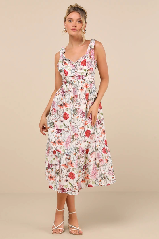 Cecily Ivory Floral Ruffled Tie-Strap Midi Dress | Lulus