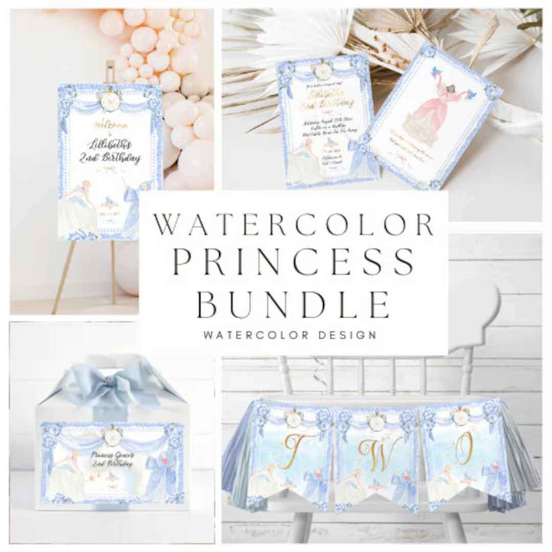 Watercolor Princess Party Bundle INSTANT DOWNLOAD Princess Party 2nd Birthday L Templett Download... | Etsy (US)