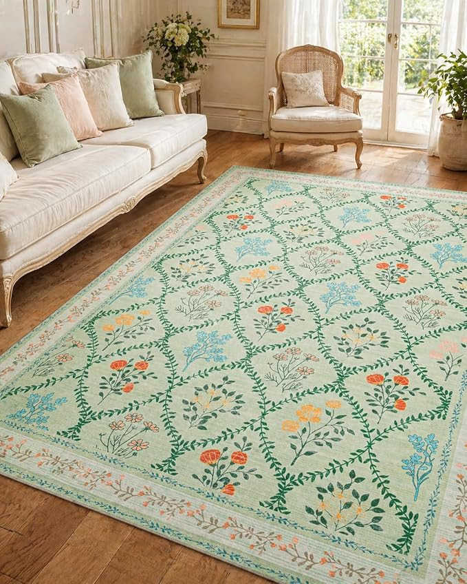Green Washable 6x9 Area Rugs for Bedroom Girls, Throw Floral Living Room Rug Non Slip Ultra-Thin,... | Amazon (US)