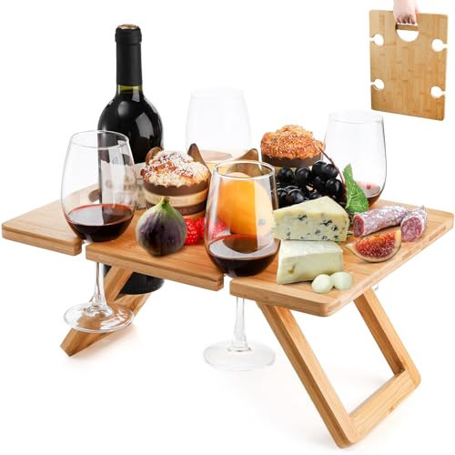 Youeon Portable Wine Picnic Table with 5 Wine Glasses Holder, Foldable Champagne Picnic Snack Table, Wine and Cheese Table for Picnic, Camping, Park, Beach, Wine Lover Gift | Amazon (US)