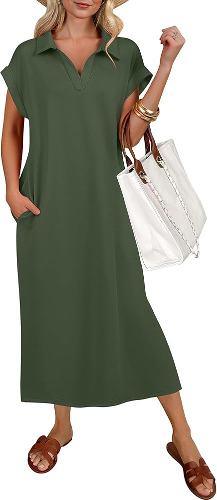 ANRABESS Womens Summer Casual Midi Dresses Short Sleeve Polo V Neck Loose Split Wrinkle-Free Beac... | Amazon (US)