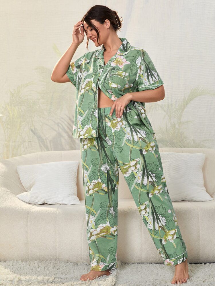 Plus Floral Print Contrast Piping Button Front PJ Set | SHEIN