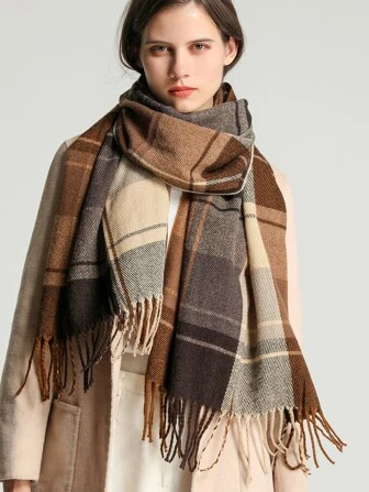 1pc Women's Korean Style Checked Fringed Long Scarf Shawl Wrap For Warmth And Fashion In Autumn A... | SHEIN