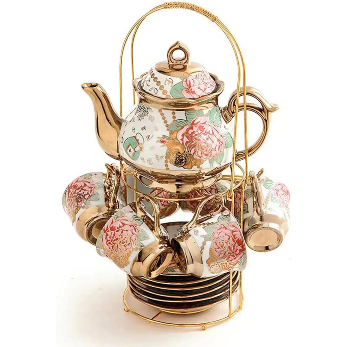 Gold Plated Rose Ceramic Tea Set Vintage Teapot Beautiful Tea Set Coffee Serving 6 People Golden | Wayfair North America