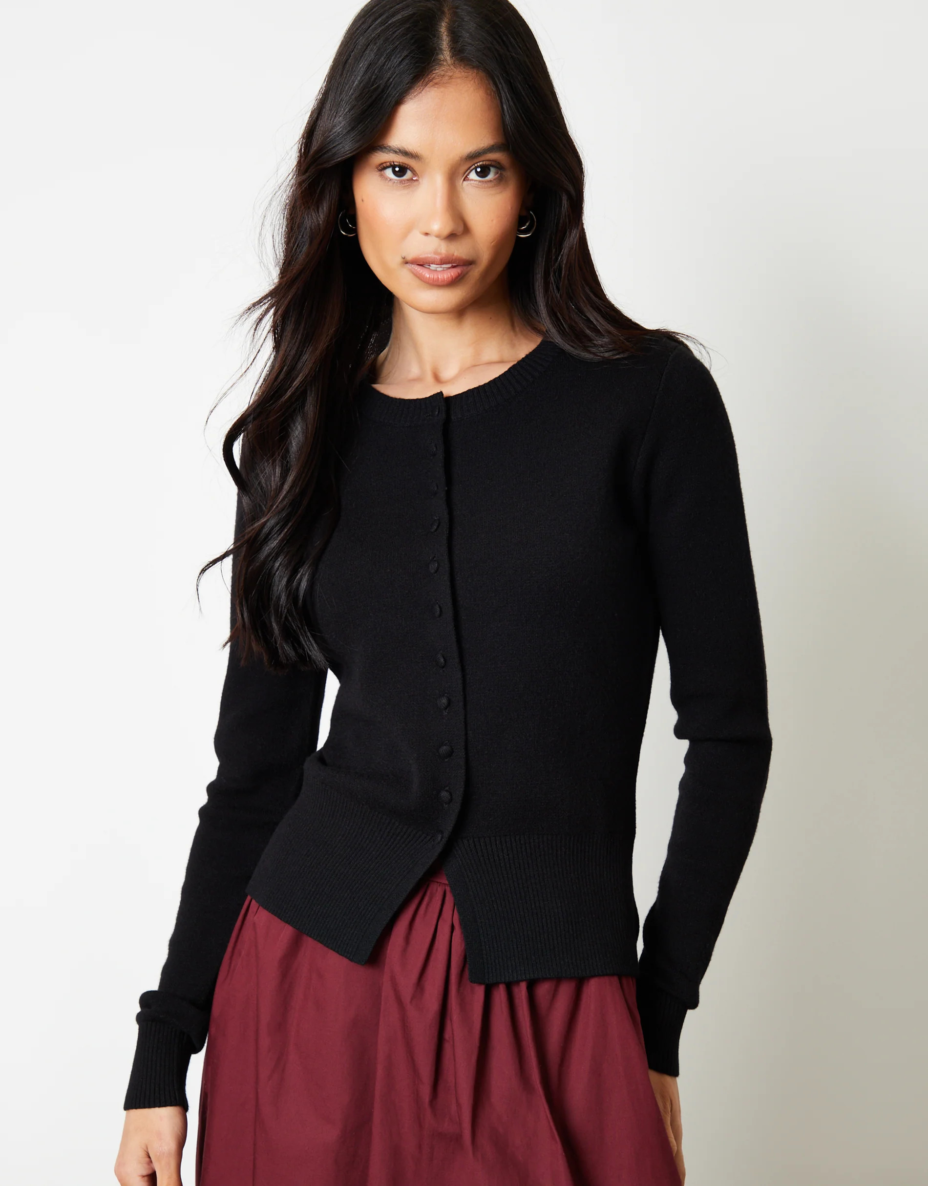 Black Crew Neck Compact Knitted Cardigan | Threadbare