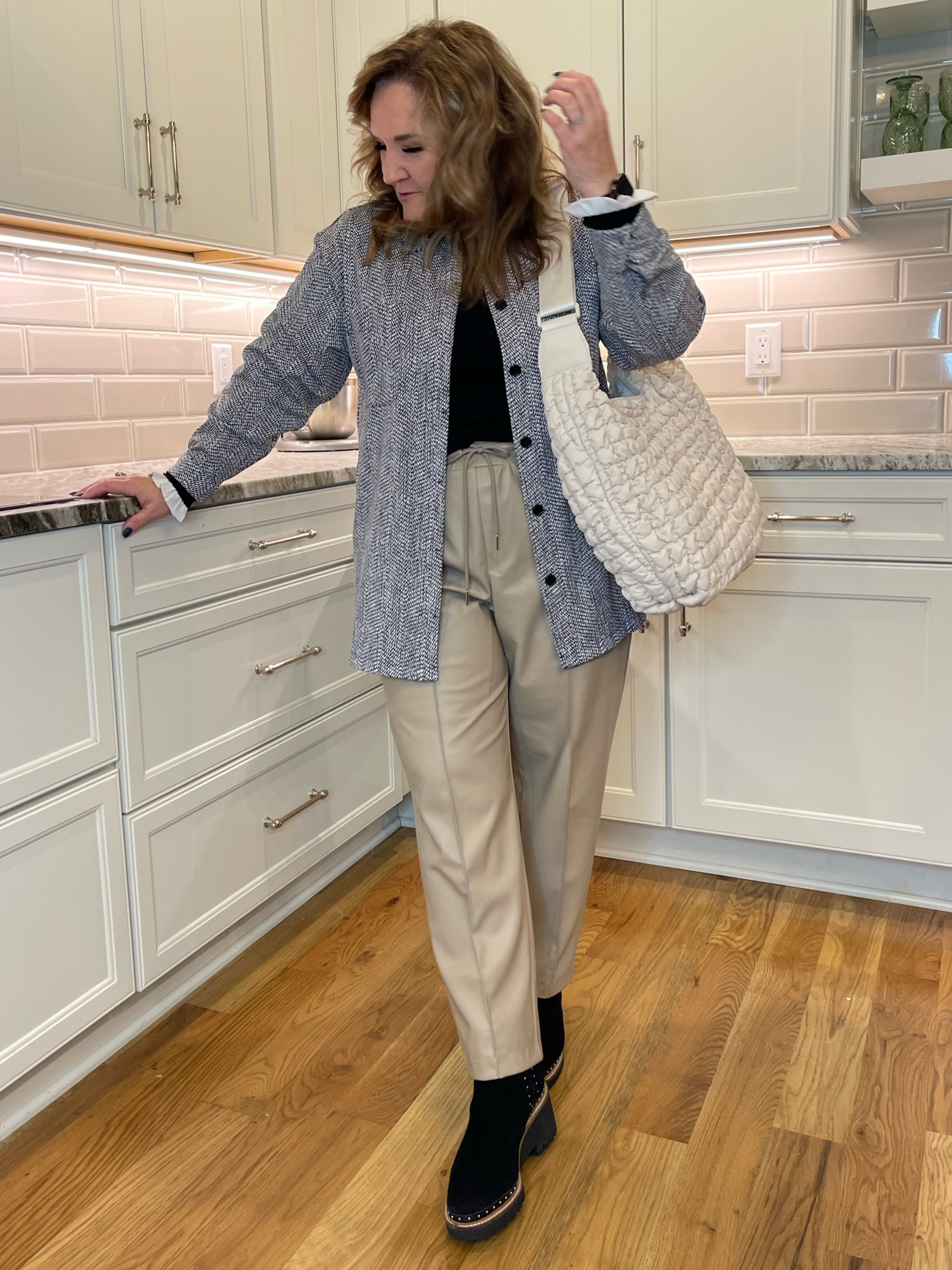 Khaki’s but make them faux leather. Run large. I’m in a large, my smaller size. 

Shirt jacket runs big. Size down a full size. I’m in a medium  

#LTKworkwear #LTKunder100 #LTKFind