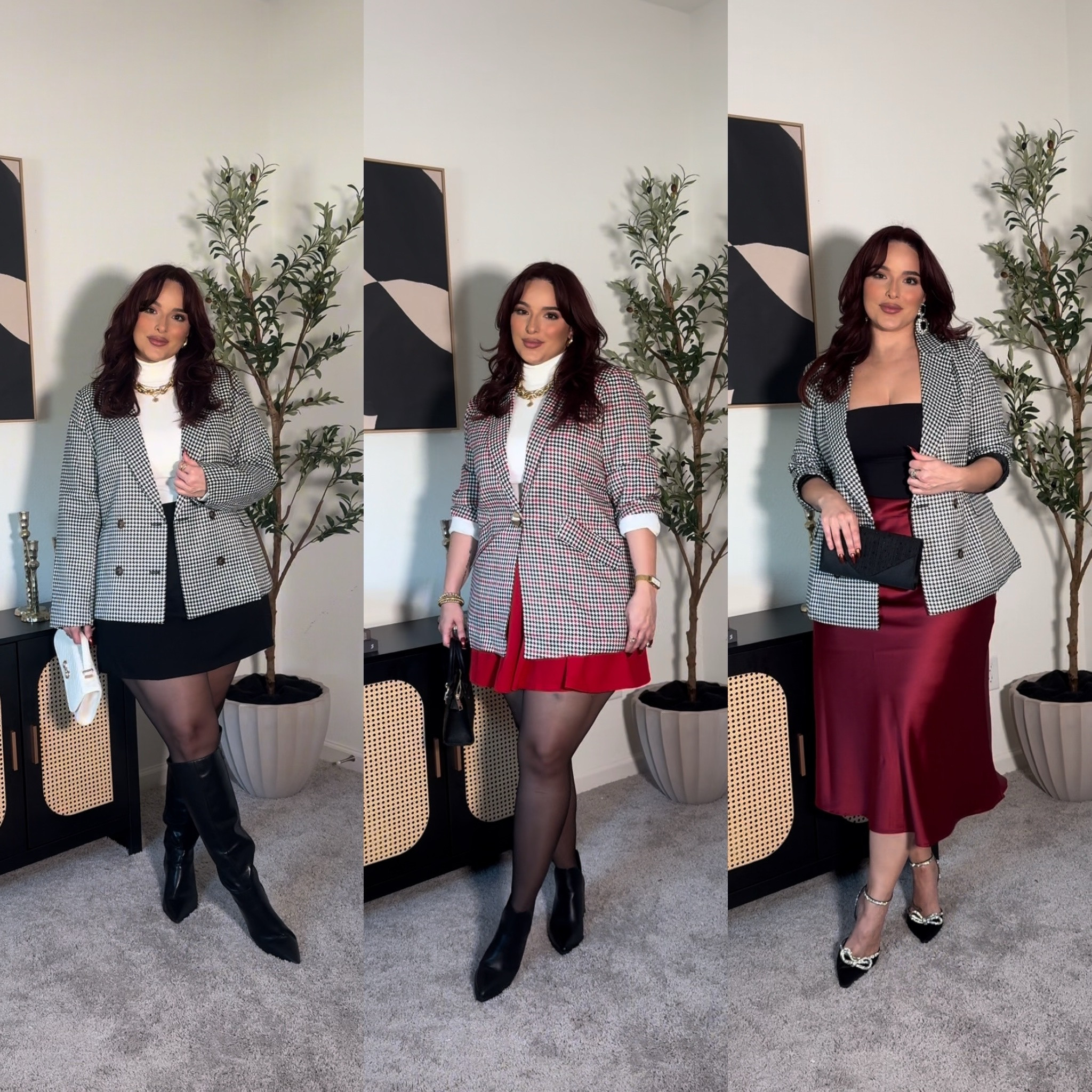 Outfit 1: blazer: XL, turtleneck: XL, skort:XL linked similar also, Purse: target but sold out so I linked similar | outfit 2: Blazer: XL, Skort: XL, turtleneck: XL | outfit 3: skirt: XL, blazer: XL, top: L