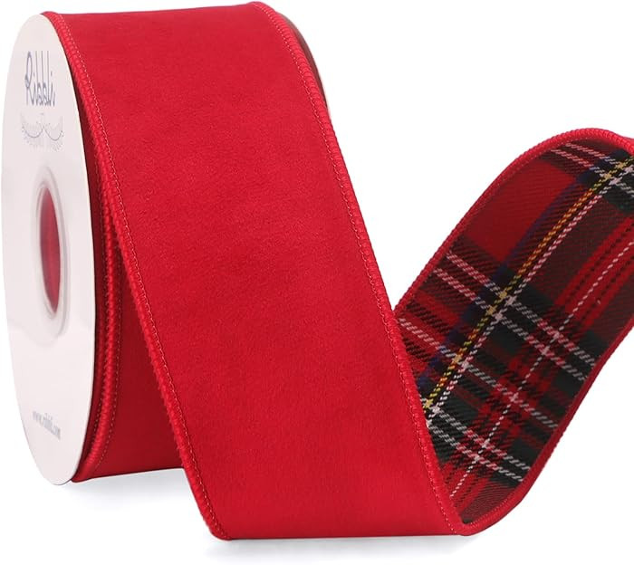 Ribbli Red Velvet Wired Ribbon with Red Tartan Plaid Reversible 2.5 Inch Christmas Ribbon for Gif... | Amazon (US)